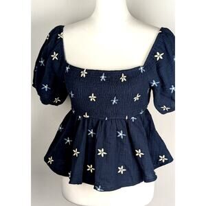 NWT Thirty Thirty CottonGauze Embroidered Floral Smocked CropTop Size M (Fits S)